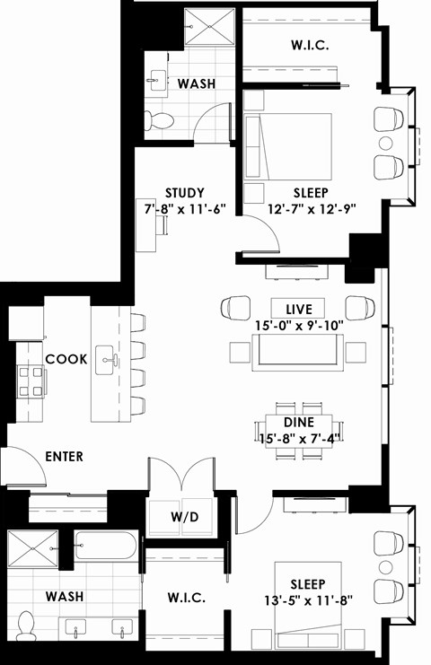 Floor plan for 2 beds, 2 baths, 1265 sqft